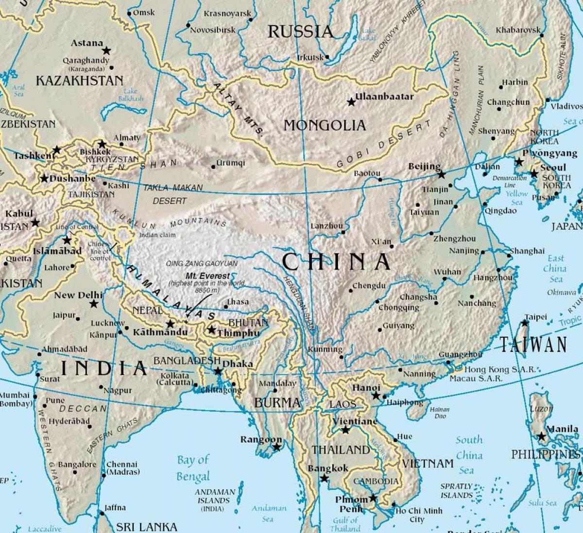 kort over Kina med bjerge