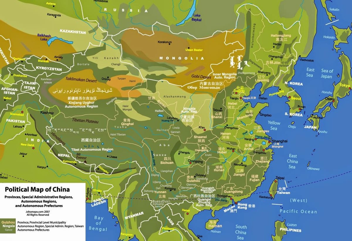 fysisk geografi kort over Kina