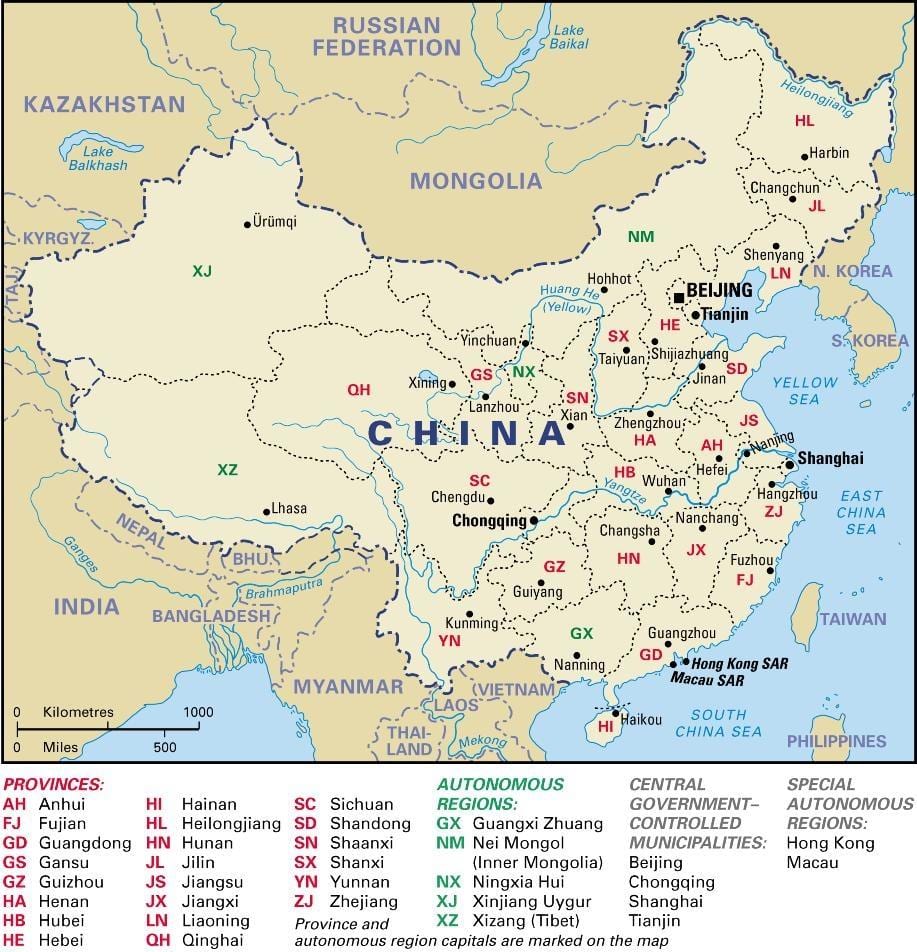 kort over Kina provinser og hovedstæder