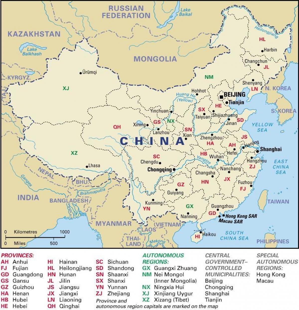 kort over Kina provinser og hovedstæder