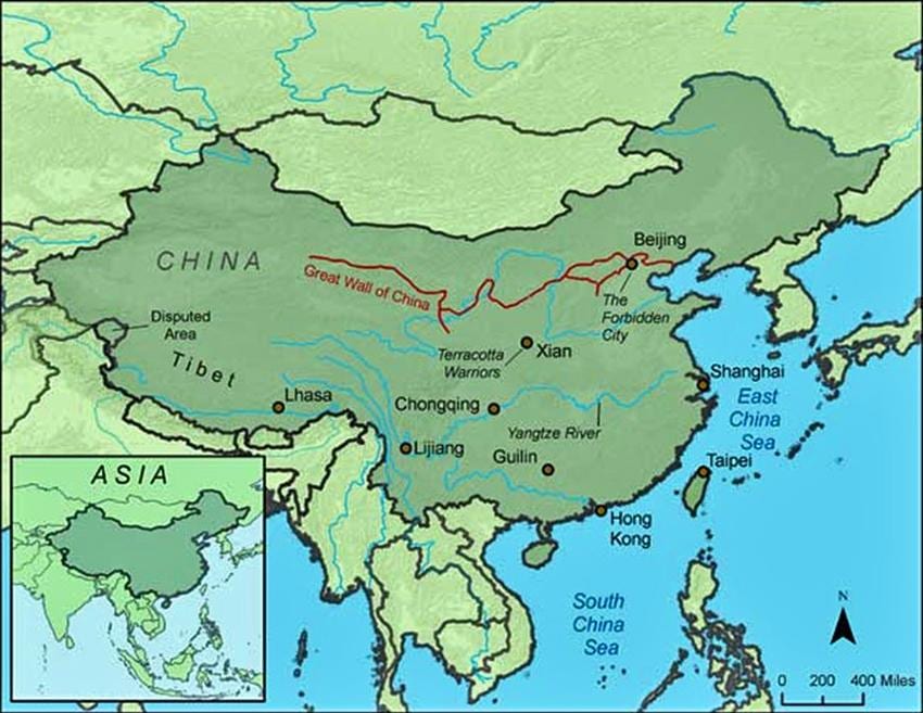 kort over Kina stor mur