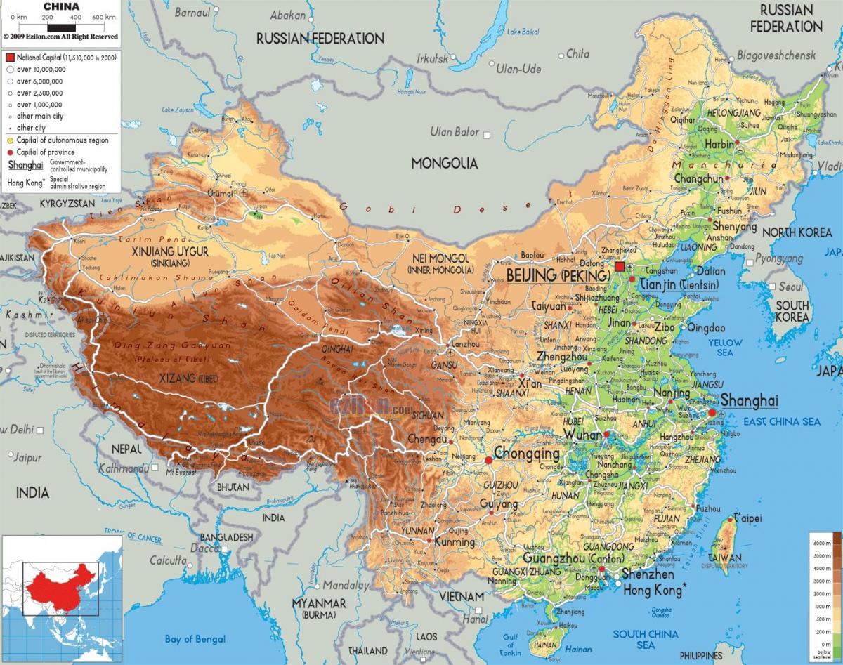 kort over Kina fysiske funktioner